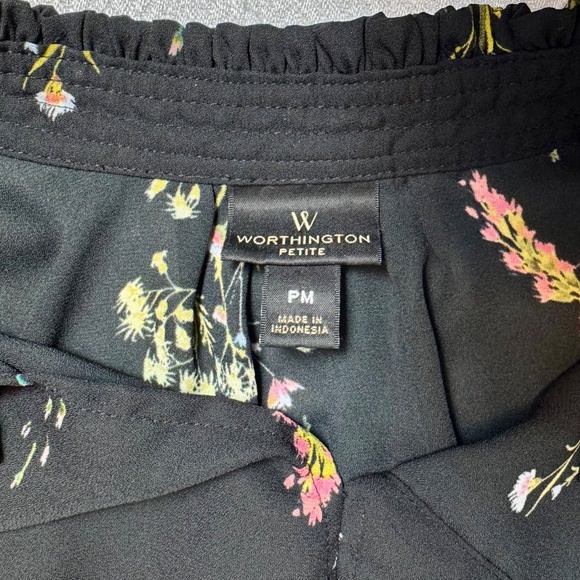 Worthington Petite Black Floral Pullover Blouse 3/4 Sleeve Stand-up Collar, M - Picture 11 of 14